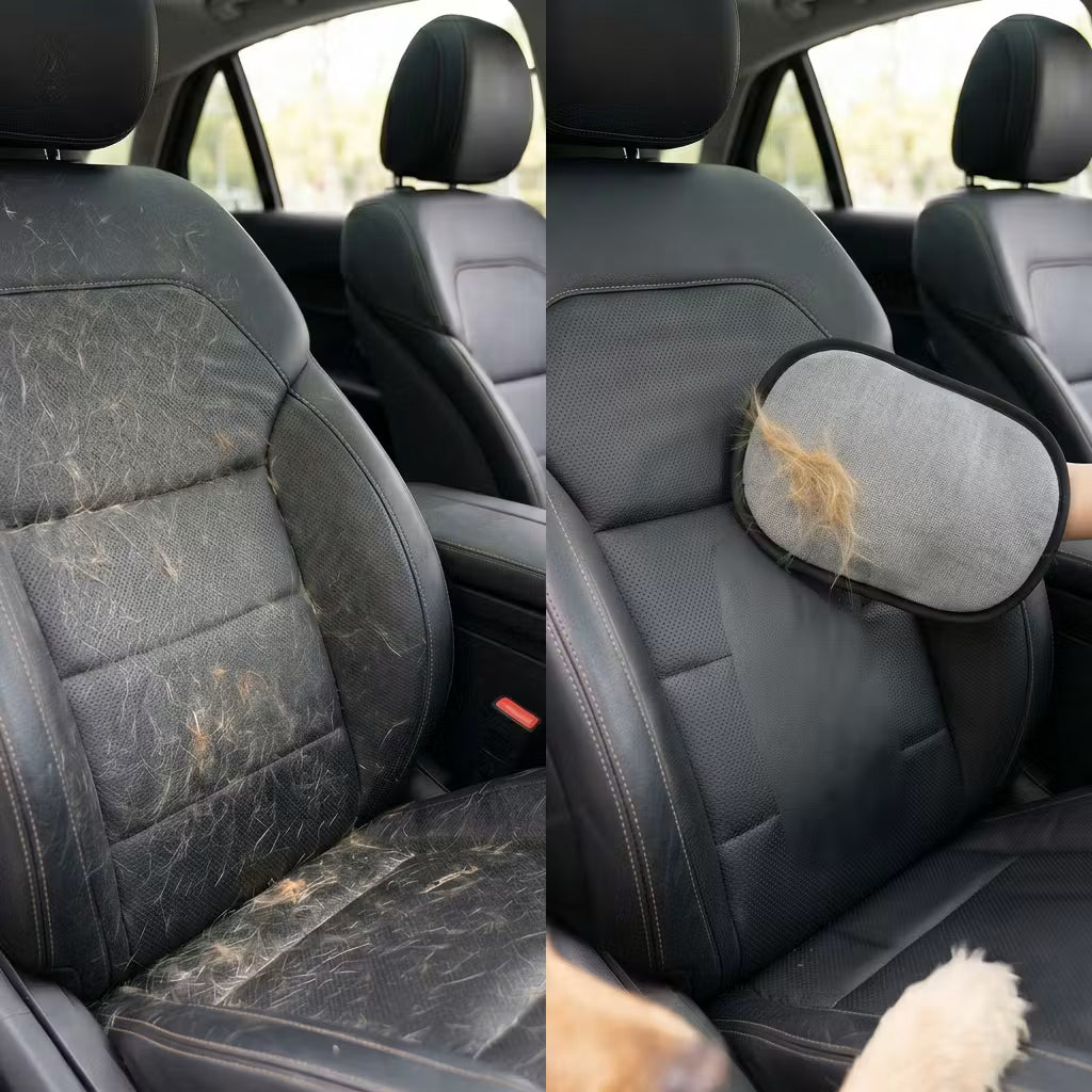 Avant après gant anti-poils Sovra sur siège voiture – enlève poils chien efficacement