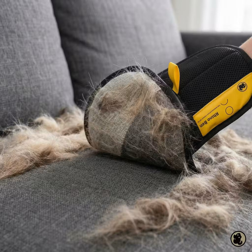 Gant anti-poils Sovra en action sur canapé – retire poils chat et chien en quelques passages